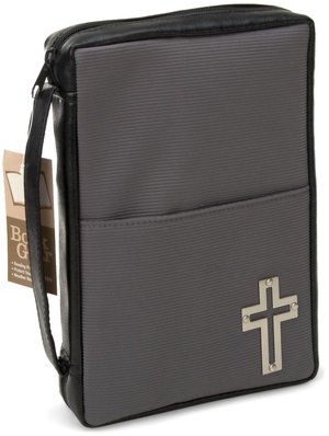 Metal Cross Large Gray Fabric Bible Cover 9.5x6 5x2