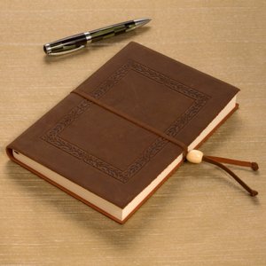 Tooled Border Brown Italian Leather Journal with Bead Tie-( 6