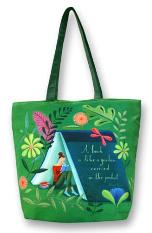Sarah Wilkins Garden in Your Pocket Green Microfiber Tote Bag (16.5x13.5x5.5)