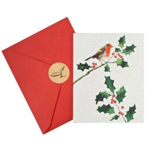 Full Glitter Bird On Holly Branch Christmas Boxed Card