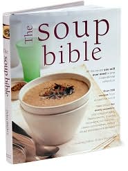 book cover: mauve-ish tones, a bowl of brownish, yet creamy, soup - The Soup Bible