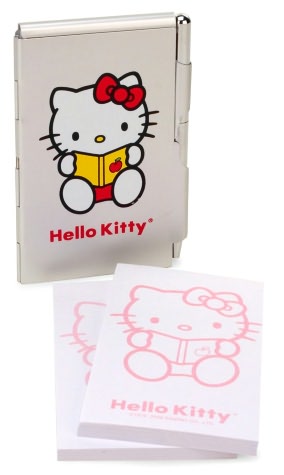 Hello Kitty Metal Note Pad Case Bookworm Silver with Pen and 2 Refill Pads