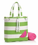 Lime Wide Stripe with Watermelon Canvas Summer Tote